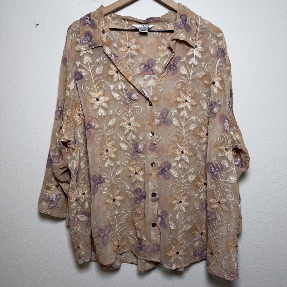 Stonebridge Womens Silk Button Front Top 3X Shirt Tan Floral Embroidered Sheer